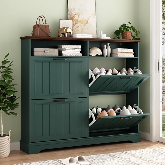 Hidden Shoe Storage Cabinet with 4 Flip Drawers & Open Storage | Farmhouse Modern Shoes Rack Cabinet,Adjustable Shelves ,Narrow Slim Shoe Organizer for Front Door Entrance, Entryway, Green