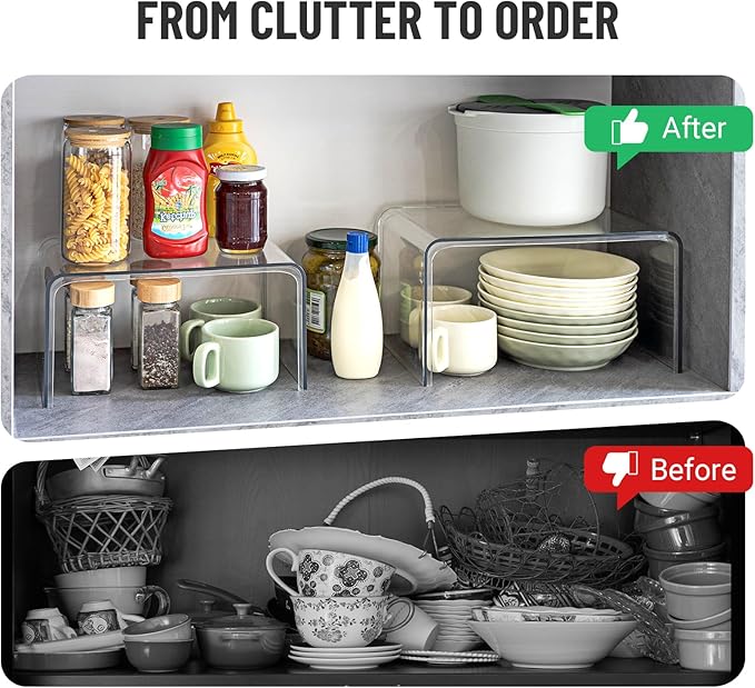 Bobomoment Clear Cabinet Organizer, Stackable Shelf Organizer Set of 4 | Kitchen Pantry Organizers and Storage, Display Cabinet Shelf Countertop Desk Shelves, Patented Spice Organization