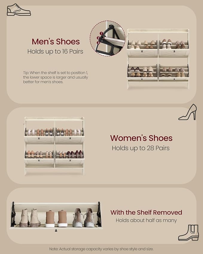 VASAGLE Shoe Storage Cabinet Organizer with 4 Flip Drawers, Freestanding Narrow Shoe Rack Cabinet for Entryway, Farmhouse Style, Fits 14 to 16 Pairs, Cloud White UHSC403WJ01