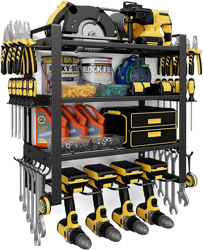 4-Tier Power Tool Organizer Wall Mount, 200LBS Capacity, 4 Drill Holders | 3-Tube Reinforced Design, Holds 50+ Tools, Cordless Tool Organizer, Rust Resistant, Quick Assembly, Garage Gift for Men