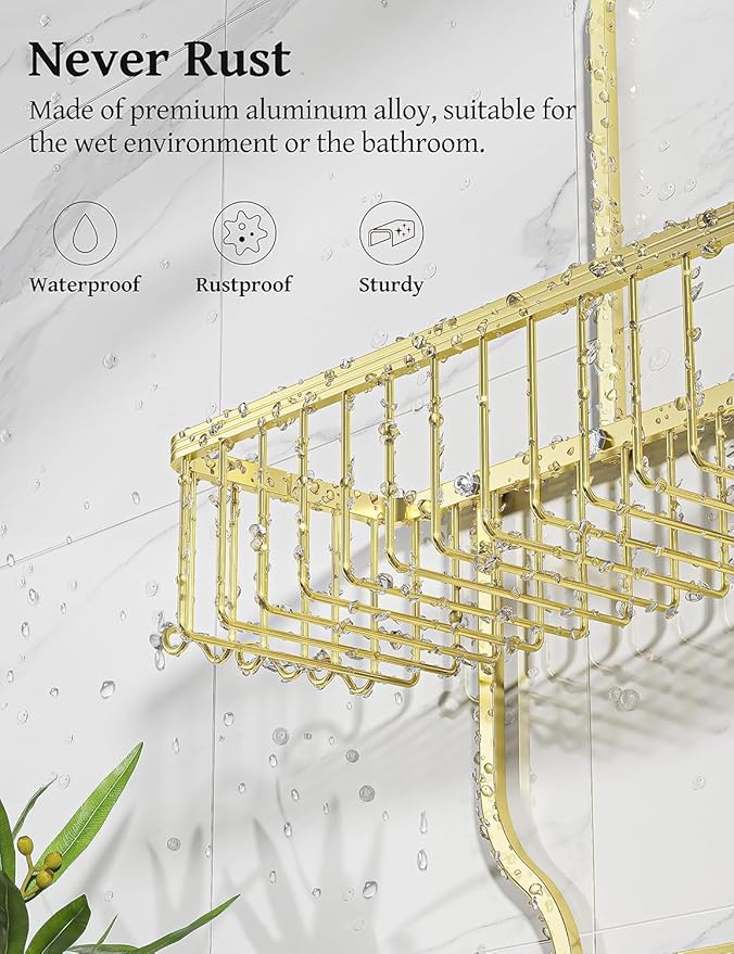 YASONIC Never Rust Shower Caddy Hanging, Aluminum Shower Racks for Inside Shower, 3-Tier Shower Organizer Hanging Over Shower Head with Hooks and Soap Holder, Gold