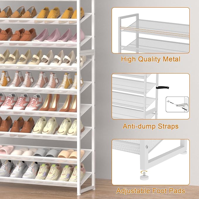 Large Shoe Rack 12 Tier Shoe Organizer, Heavy Duty Metal 6-Tier Stackable Shoe Storage Vertical Shoe Rack for Closet Front Door Entrance, Up to 75 Pairs, 44.8" W x 11.4" D x 85.1" H, White