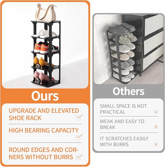 5 Tiers Vertical Shoe Rack, Narrow Free Standing Shoe Storage Organizer for Entryway and Small Closet, Stackable Shoe Holder Shelf Stability DIY, Black