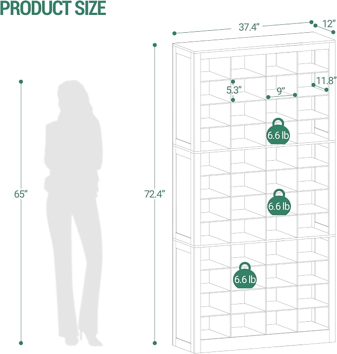 Hzuaneri Shoe Storage Cabinet, 48 Pairs Free Standing Closet Organizer, 9 inch Widened Cell Wood Shoe Organizer, 12 Tiers Vertical Space Saving Shoe Rack for Entryway, Cloakroom, Black SR39604X