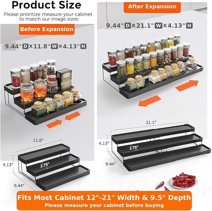Expandable Spice Rack Organizer - 3 Tier Adjustable Spice Organizer for Cabinet & Countertop - Easy Visibility - Black