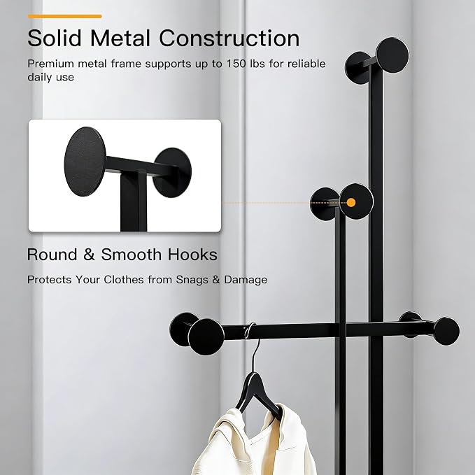 Metal Coat Rack Freestanding for Entryway (Black) | Heavy Duty, Marble Base, Metal Frame, Essential Items Organizer for Clothes Bags, for Bedroom Living Room Hotel