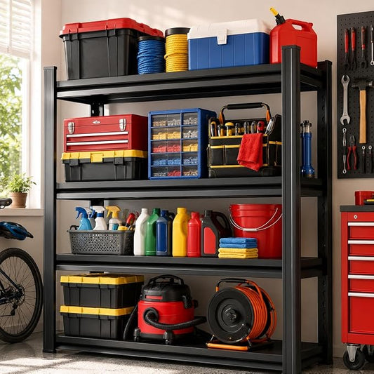 Garage Shelving, Heavy Duty Storage Shelves, Adjustable Boltless Units | Metal Shelving with Double Layer Posts, Industrial Steel Shelving for Garage Basement Warehouse Kitchen, Black, 54H*16W*12D