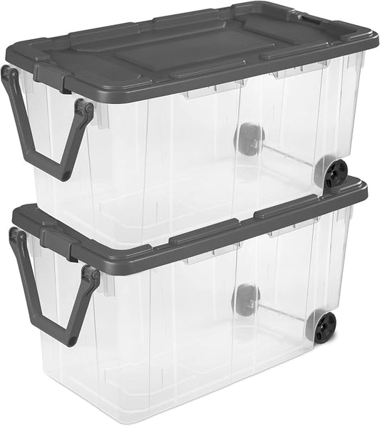 160-Quart Wheeled Stackable Storage Bin,Heavy-Duty Clear Plastic Container for Household & Garage Bulk Storage,Perfect for Outdoor Camping and Seasonal Organization, Gray 2-Pack