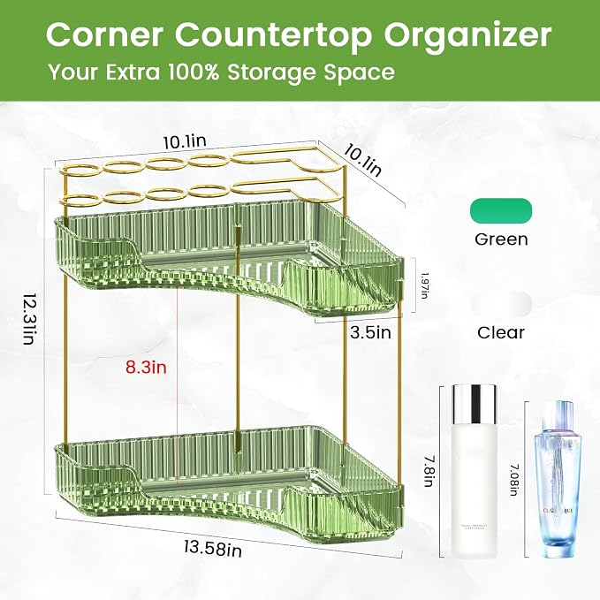 Makeup Organizer 2-Tier Bathroom Counter Organizer with Makeup Brush Holder | Corner Bathroom Organizer Countertop, Acrylic Counter Storage for Bathroom Dresser, Skincare Perfume Organizer- Green