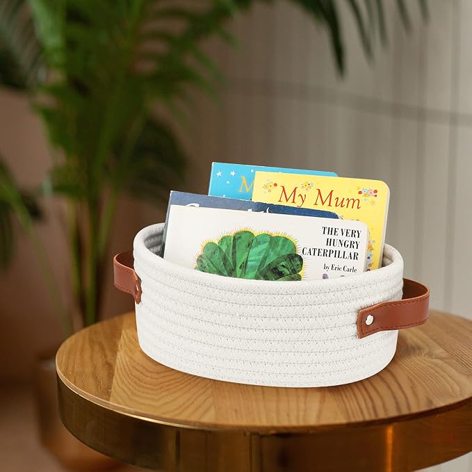 ABenkle Small Woven Basket, Mini Cotton Rope Storage Basket, Tiny White Easter Basket, Oval Decorative Toy Dog Cat Basket for Nursery, Empty Gift Baskets, 9.4" x 5.9" x 3.9" XS