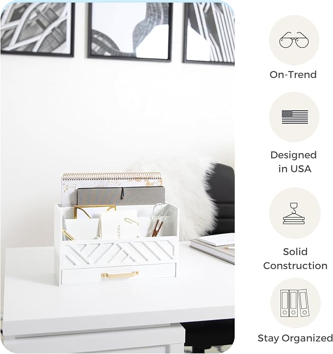 BLU MONACO | White Wooden Desk Organizer & Mail Organizer with Drawer & Gold Handle | Mail Sorter Countertop | 6 Compartments | White Desktop Organizer for Desk