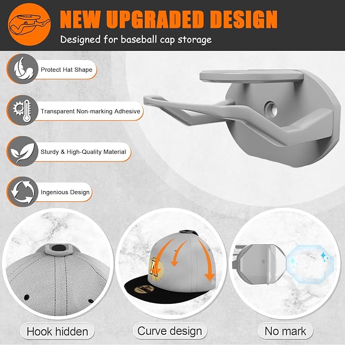 Niunuerga 24 Pack Hat Hooks for Wall, Strong Adhesive Hat Rack for Baseball Caps, Minimalist Hat Organizer Display for Home Decor, Hat Hold Hanger for Wall, Door, Closet, No Drilling (Grey)