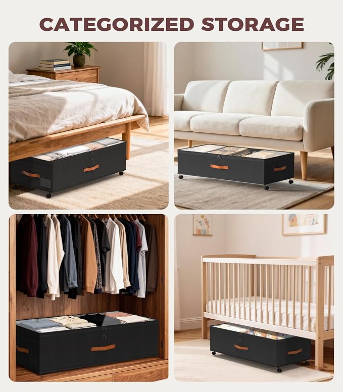 Under Bed Storage with Wheels, 35.5 inches Underbed Storage Large Capacity Under Bed Rolling Containers, 2 Pack Under the Bed Storage for Clothes, Shoes, Blankets (Deep Black)