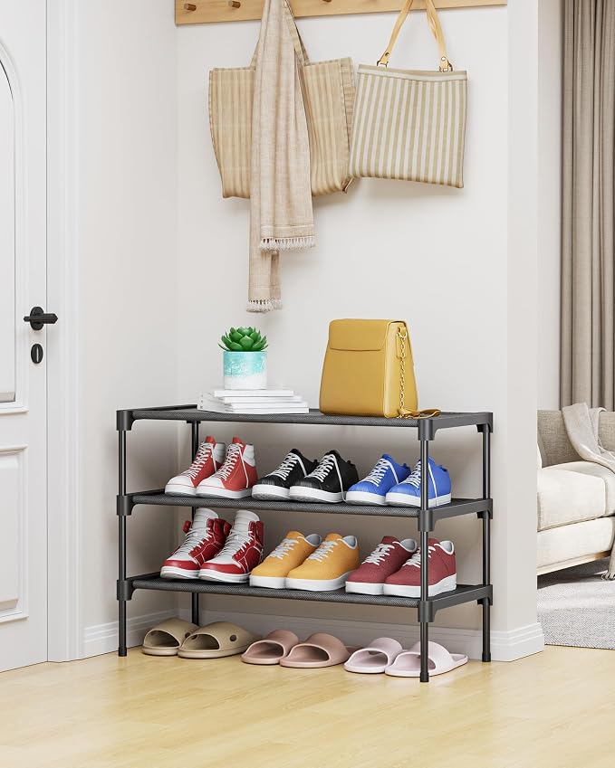 Kitsure Shoe Rack - Non-Woven Shoe Rack Shelf, 27.5" Wide - 3 Tier, Black | Shoe Organizer for Closet, Entryway, Garage, Stackable Shoe Shelves, college dorm&apartment essentials