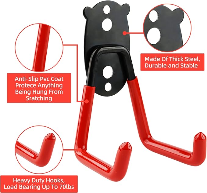 Garage Hooks Heavy Duty, Medium Square Hooks Wall Mount, Anti-Slip PVC Coated Steel Utility Storage Organizer for Hanging Ladders, Bikes, Garden Tools and Hoses 2 Packs