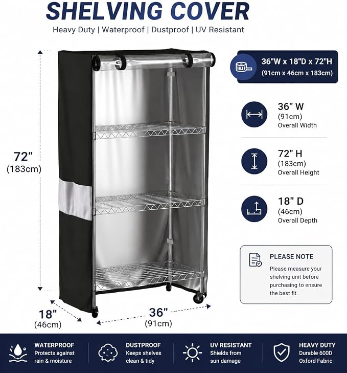 Wire Shelving Storage Cover Waterproof Dustproof Clear Window 600D 36x18x72 | garage kitchen basement storage, protects items from dust dirt and moisture, easy maintenance