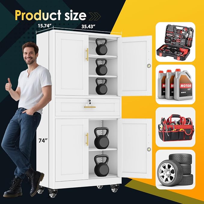 PAOFIN 74" H Metal Tall Storage Cabinet with Drawer | Garage Cabinet with Locking Doors and 3 Adjustable Shelves, Steel Cabinets for Garage, Home Office, White, Assembly Required