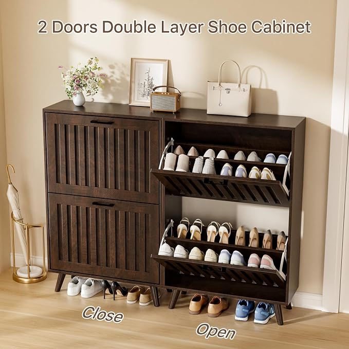 Shoe Storage Cabinet with 2 Flip Drawers, Modern Freestanding Organizer with Adjustable Shelf, Narrow Shoe Rack Cabinet for Entryway, Walnut