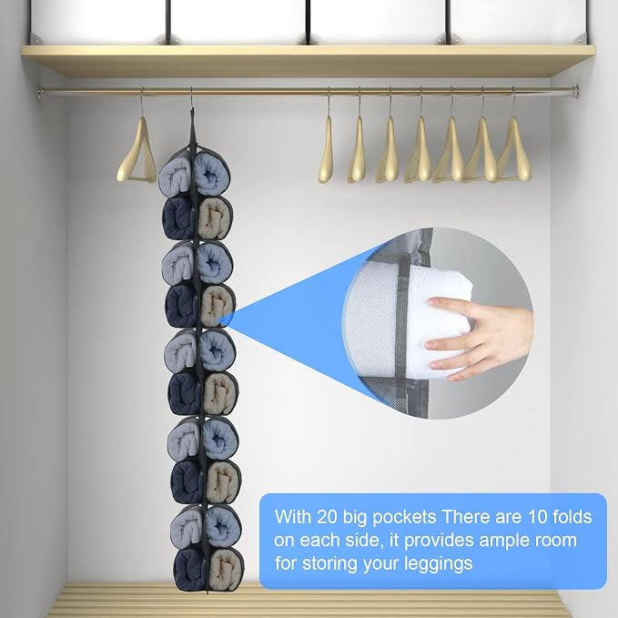 2-Pack Hanging Organizer for Closet - 20 Pocket Leggings Storage | Yoga for Pants & Accessories Multi-Pocket Closet Organizer for Apartments & Dorms, Space-Saving, Behind Door Design (Black)