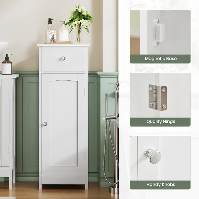 Iwell Bathroom Floor Cabinet | Small Bathroom Storage Cabinet with Drawer & Storage Shelf, Free-Standing Organizer Cabinets for Hallway/Living Room, White