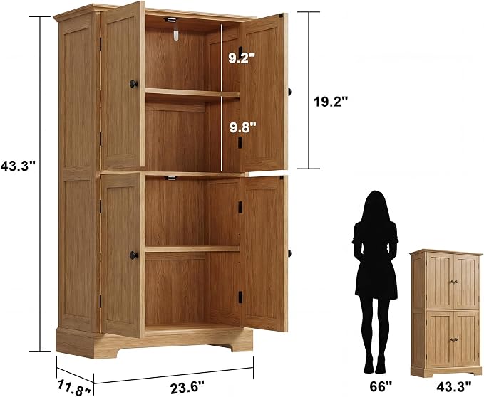 ChooChoo Bathroom Floor Cabinet with Adjustable Shelves | Bathroom Storage Cabinet, 4 Doors, Freestanding Cupboard for Living Room, Natural