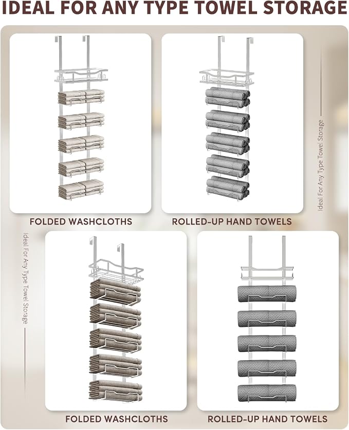 Aetyord Hanging Towel Racks for Bathroom No Drill - Over The Door 6-Tier Bath Towel Storage Organizer for Small Bathrooms-Back Door Large Tiered Towel Holder Hanger for Rolled Towels RV Camper Silver | 6-Tier Over The Door Bath Towel Storage Organizer ...