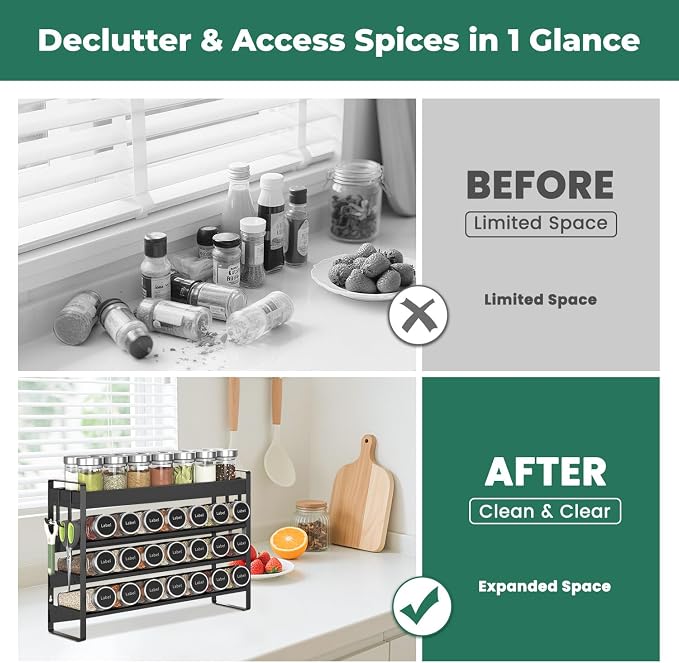 EsLuker.ly Spice Seasoning Rack Organizer Kitchen Countertop, 4 Tier Bamboo | Shelf Holder Storage with 4 Hooks, Wall Mounted Freestanding Stand for Pantry, Quick Spice Access(Jars Not Included), Black