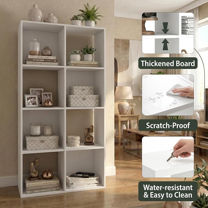 WannabeMyself【Sturdy Build&Easy Assembly】 8 Cube Storage Organizer with Anti-Tipping Kits,Reversible Open Back Book Shelf, Bookcase for Living Room,Bedroom,Entrance Hall,Office,24.1×11.4×47.7,White