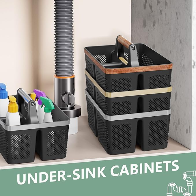 BYUNER Black Shower Caddy Portable: Plastic Bathroom Caddy Organizer with Handle and Holes, Cleaning Caddy, Hard Shower Basket Storage Tote for Toiletry, College Dorm Room Essentials for Men