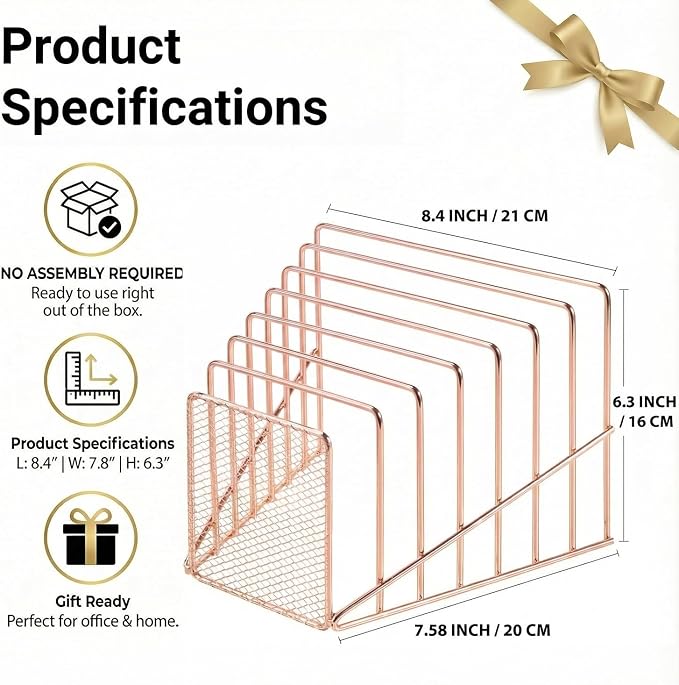 2 Pcs Incline File Sorter, 7 Slot Magazine Holder for Letter, Document, Folder and Book, Metal Desktop Organizer Rack for Home, School and Office (2-rose gold)