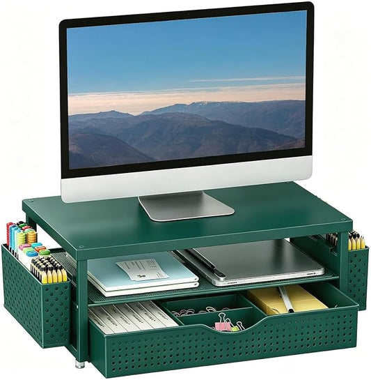 gianotter Desk Organizers and Accessories, Monitor Stand with Drawer and 2 Pen Holder, Desktop Organizer Suitable for Offices and Dormitories (Green-Plain)