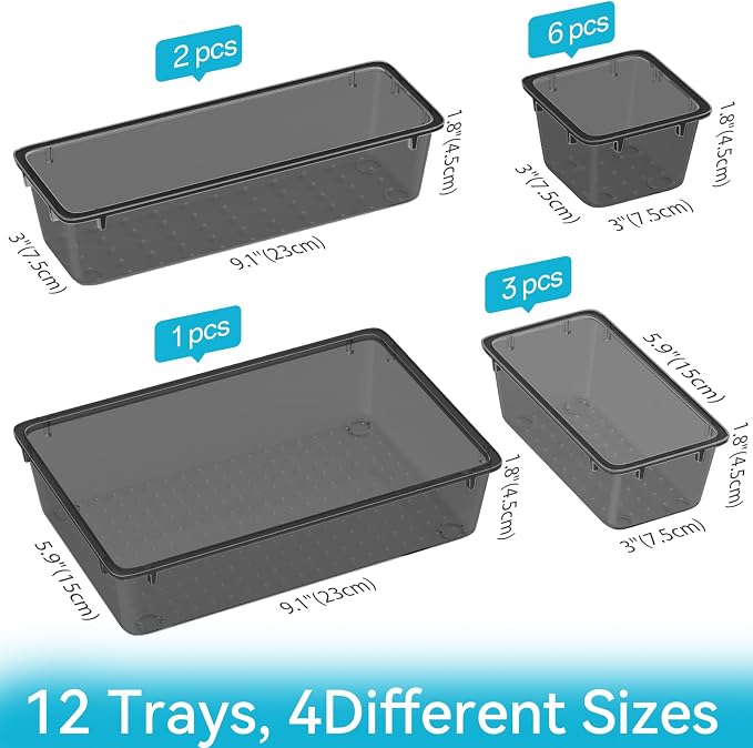 12 PCS Drawer Organizer Set, Makeup Organizers, Tool Storage Trays, Black | 4 Sizes, Plastic, Stackable, Multiple Gadgets, Desk Drawer Divider Organizers, for Makeup, Office Supplies Storage