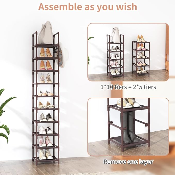 LANTEFUL Tall Shoe Rack 10-Tier Narrow Shoe Shelf Storage for 10-15 Pairs Shoe and Boot, Sturdy Shoe Storage Space Saving Corner Shoe Rack Organizer for Closet, Entryway, Living Room, Brown
