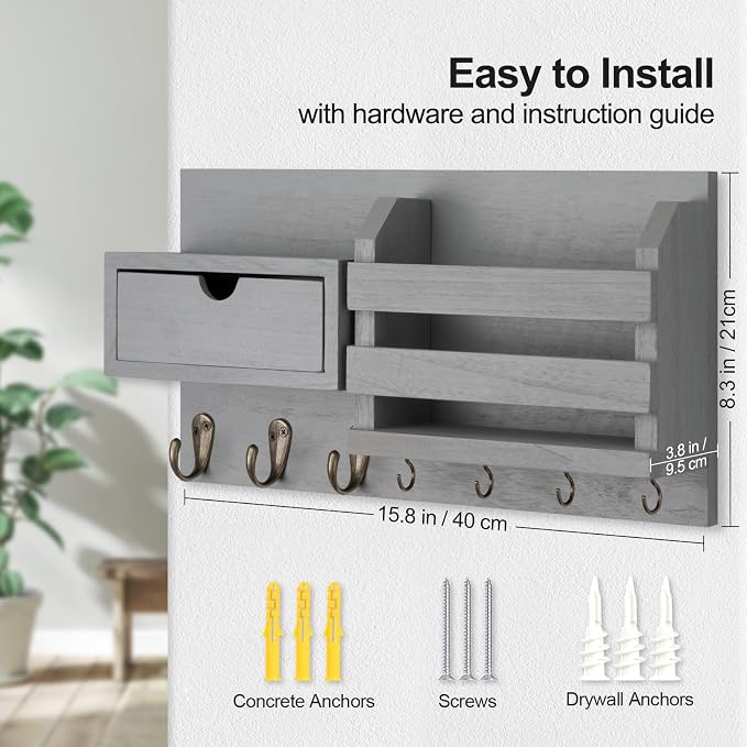 Lwenki Wall Mount Key Holder with Mail Organizer, 100% Paulownia Wood, 7 Metal Hooks, Storage Drawer, Entryway Home Decor (Gray)
