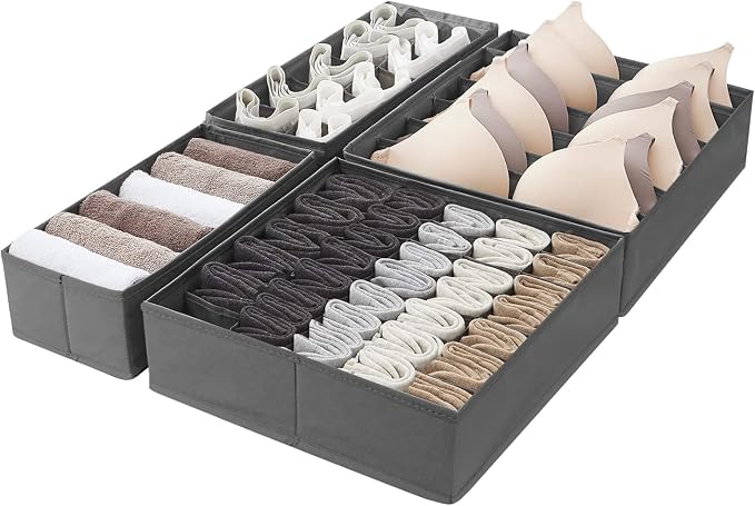 Amazon Basics Deep Drawer Organizer for Clothes, Collapsible Storage Boxes for Socks, Underwear and Baby Items, Set of 2, Gray | Set of 4