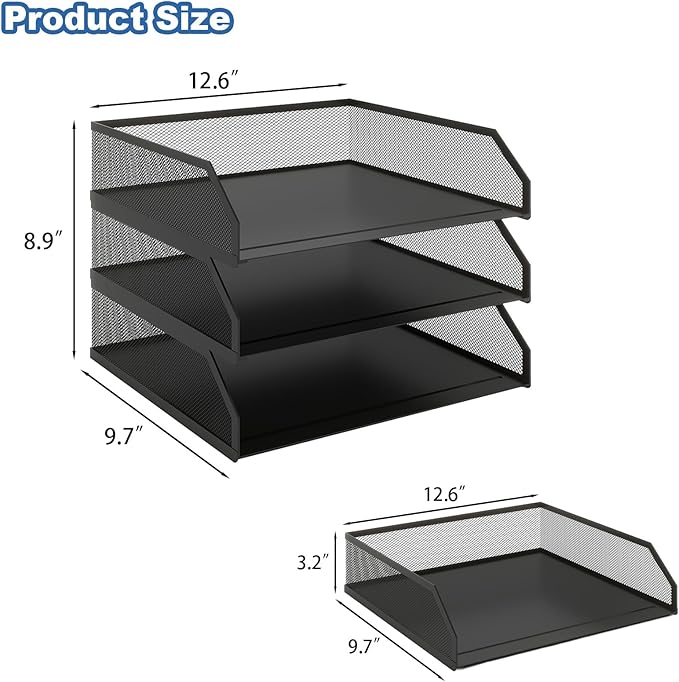 Natwind 3-Tier Stackable Metal Mesh Paper Organizer with Sliding Tray,Black | Desk Organizer for Office Supplies, Letter Tray For Desktop,File Holder For Home School Classroom Organization