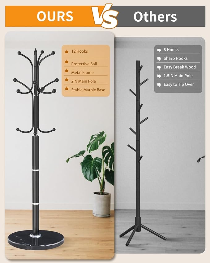 Modern Coat Rack Stand, Metal Freestanding Coat Rack with Natural Marble Base, Heavy-Duty Coat Racks with 12 Hooks,Black Coat Hanger Tree Stand for Office, Entryway, Hallway