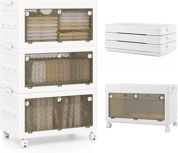 3-Tier Stackable Storage Bins, 33-gal Collapsible Storage Boxes with Lid, 3-Way-to-Open Drawers, Foldable and Stackable Closet Storage Organizer with Wheels for Bedroom, Cloakroom, Dorm