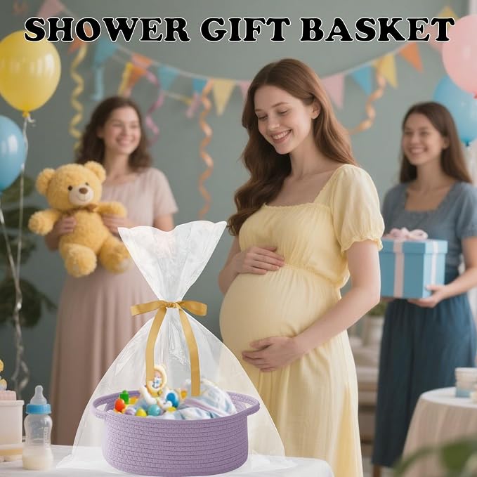 Purple Woven Rope Basket - Baby Gift Basket with Bag & Ribbon | Cotton rope with handle, 12x8x5 in, gift bag and ribbon, for baby shower, birthday, toy storage, nursery, shelf decor