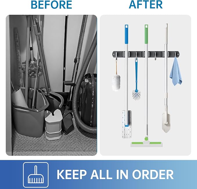 ZONGOOL Wall Mount Broom Holder 3 Racks 4 Hooks Metal Tool Organizer Black | 304 Rustproof Stainless Steel Broom Hanger, Non-Slip Wall Mount Organizer, Space Saving For Kitchen, Laundry, Garden