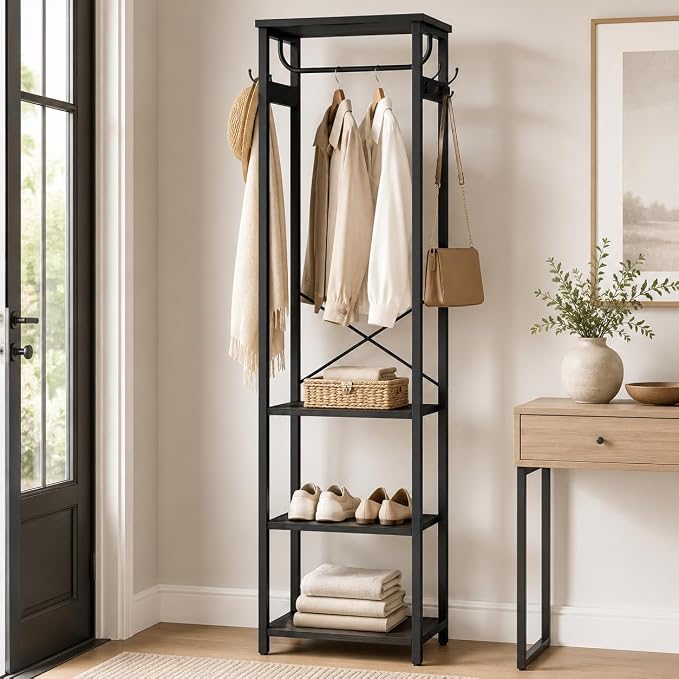 Coat Rack with Hanging Rod, Garment Rack with 3 Wooden Shelves and 4 Hooks, Freestanding Hall Tree, Industrial Clothes Rack Stand Organizer, Black