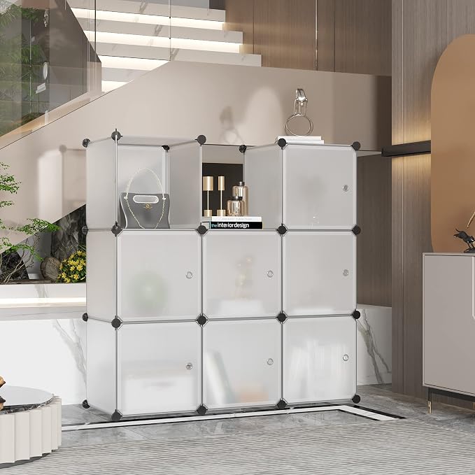 C&AHOME 9-Cube Storage Organizer with Door Cube Shelf Closet Cabinet White | DIY Plastic Modular Bookshelf, Stackable Clothes Storage Shelving Ideal for Home, Bedroom, 36.6”L x 12.4”W x 36.6”H