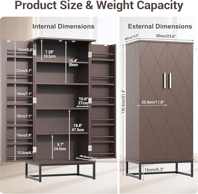 kepptory 51" Pantry Cabinet with Diamond-Patterned Doors and Golden Handles, Freestanding Kitchen Storage Cabinet with 17 Shelves, Tall Metal Base, Adjustable Feet, Grey (Brown, 16"D x 24"W x 51"H)