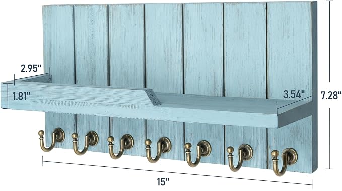 Rebee Vision Key Holder Wall Mount with Shelf for Entryway, Distressed Blue | Key Holder for Wall, Mail Organizer, Floating Shelf, Display Plant, Mail Sorter, Apartment Essential, Decorative Room Accent