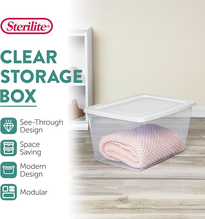 Sterilite Clear Storage Box Stackable Tote, 58 Quart, 12-Pack | Clear Plastic Container with Secure Snapping Lids for Home and Office Organization, White