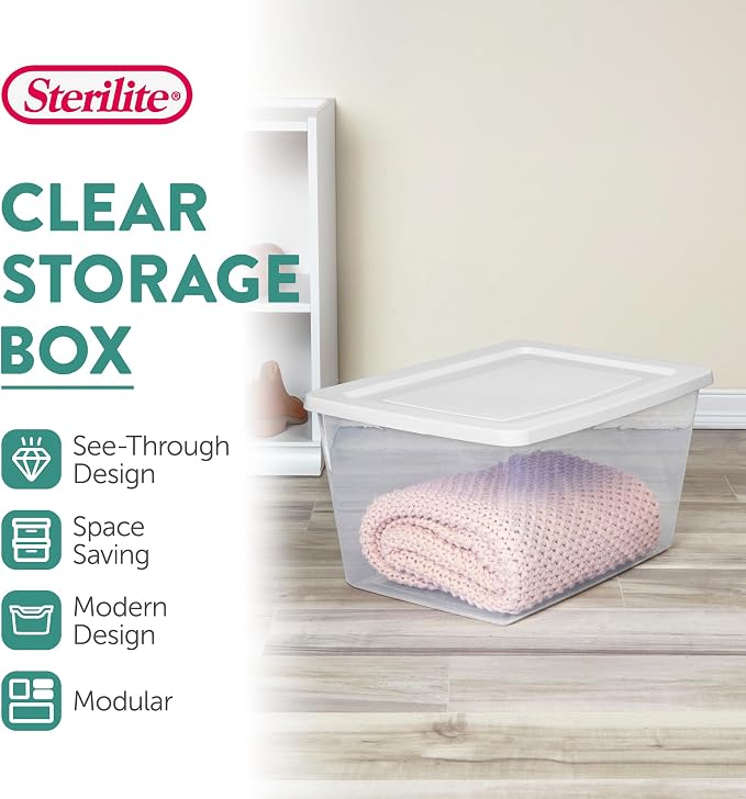 Sterilite Clear Storage Box Stackable Tote, 58 Quart, 6-Pack | Clear Plastic Container with Secure Snapping Lids for Home and Office Organization, White