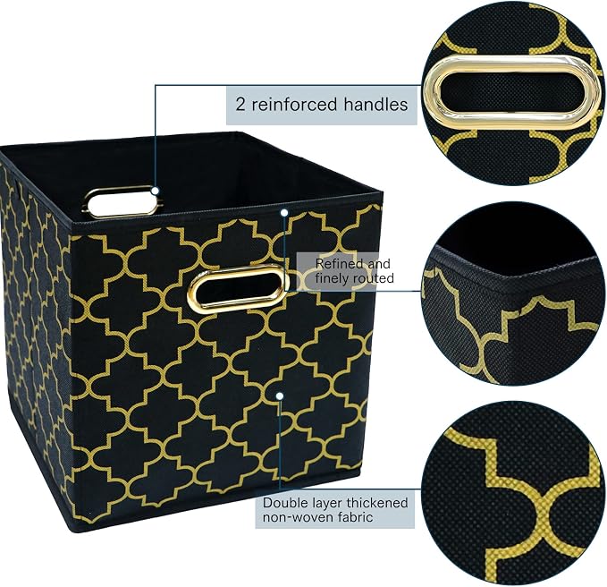Fabric storage bins Cubes, Fabric Cube Organizer with Handle, Foldable Cube Bins for Cloth or Accessary Storage, 11x11x11, Set of 3, (Black Gold)