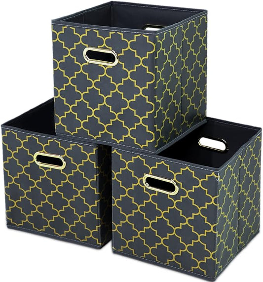 Fabric storage bins Cubes, Fabric Cube Organizer with Handle, Foldable Cube Bins for Cloth or Accessary Storage, 11x11x11, Set of 3, (Grey Gold)