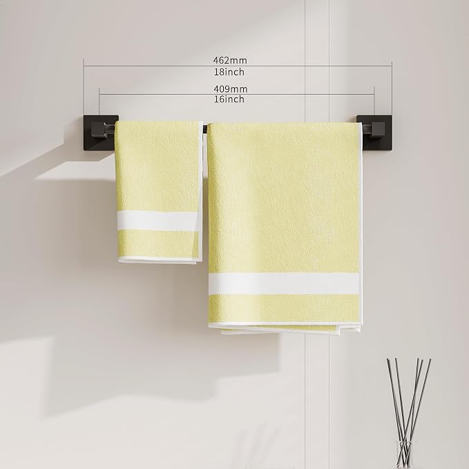 RUACQ Towel Bar 16" Towel Racks for Bathroom Wall Mounted, Matte Black | Total Length 18 Inch Single Towel Rod, Bath Towel Holder, 304 Stainless Steel, Rustproof, Square Base, Heavy Duty, Modern