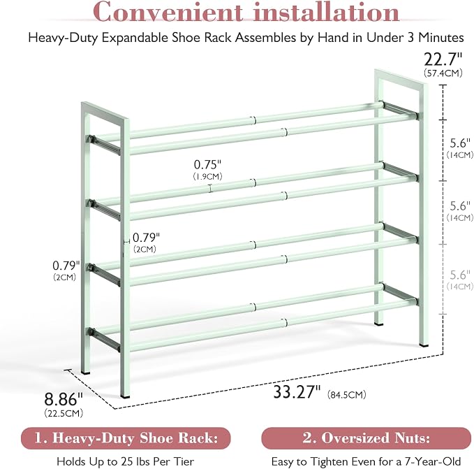 Bumusty 4 Tier Expandable Shoe Rack for Closet, Green | 18"-33" Adjustable Shoe Rack for Entryway, Small Shoe Organizer for Dorm, Front Door, Sturdy Metal